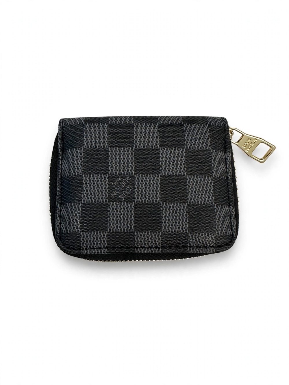 Graphite Check Zip Card Holder with Gold-Tone Pull